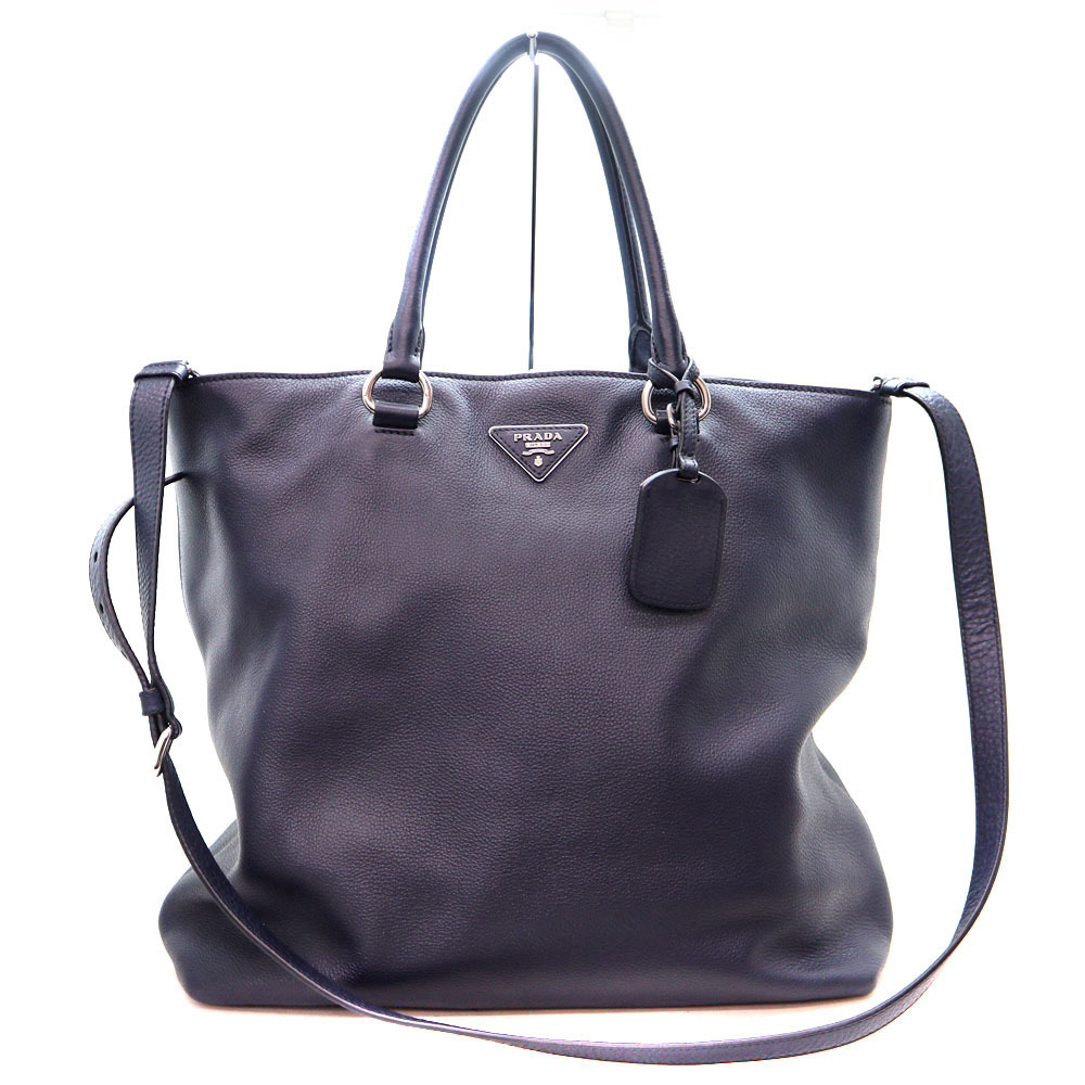 Prada Vitello Daino Leather Tote Bag Navy Blue